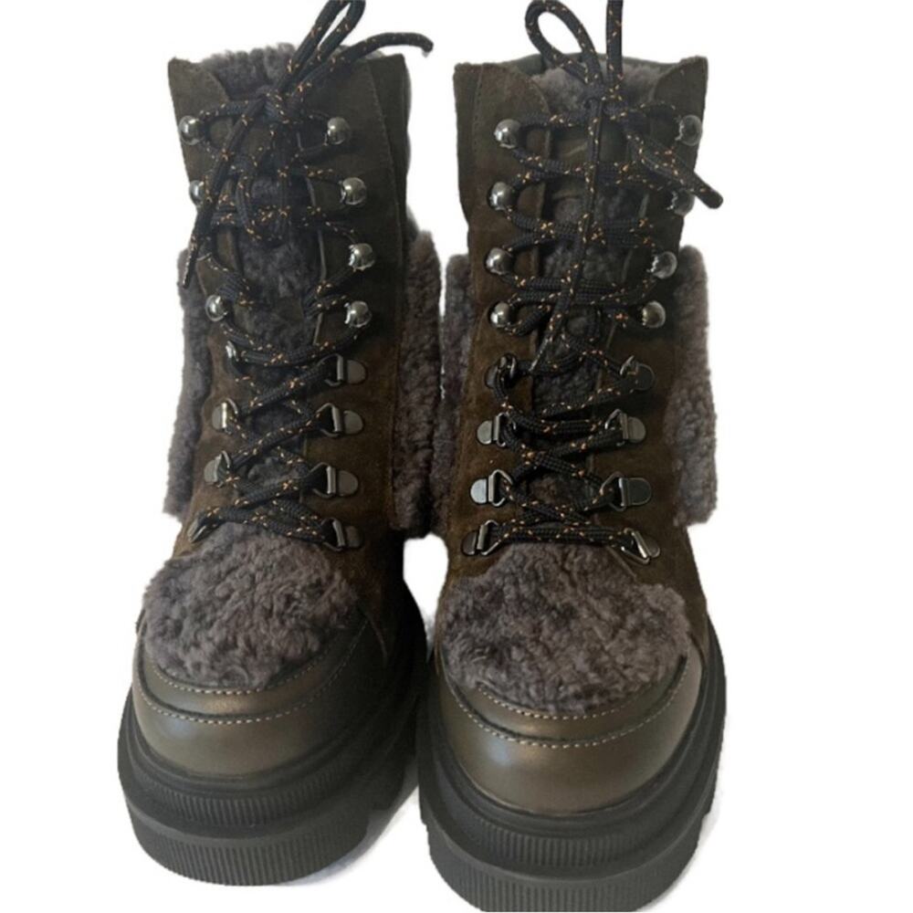 Voile Blanche Loden Faux Shearling Trim Lug Sole Leather Boots Khaki size 38 - Picture 2 of 10
